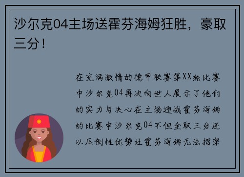 沙尔克04主场送霍芬海姆狂胜，豪取三分！
