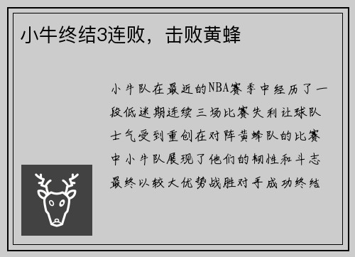 小牛终结3连败，击败黄蜂