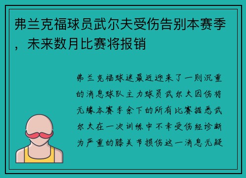 弗兰克福球员武尔夫受伤告别本赛季，未来数月比赛将报销